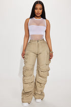 Talk It Up Oversized Distressed Washed Cargo Pant - Khaki