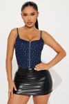 Night Sky Rhinestone Denim Corset Top - Dark Wash