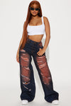 Got That Right Tinted Ripped Wide Leg Jeans - Dark Wash