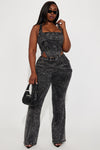 Without Warning Strappy Stretch Flare Jeans - Acid Wash Black