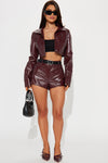 Sexy Faux Leather Micro Short Set - Burgundy