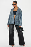 Hot Fix Faux Leather Oversized Moto Jacket - Dusty Blue