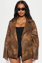 Hot Fix Faux Leather Oversized Moto Jacket - Brown