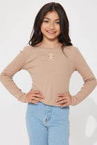 Mini Long Sleeve Knit Cutout Baby Tee - Taupe