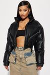 Puff Baby Faux Leather Bomber Jacket - Black