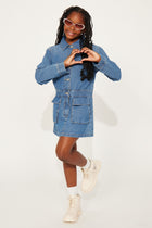 Mini Long Sleeve Denim Shirt Dress - Dark Wash