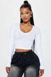 Carly V Neck Crop Long Sleeve Tee - White