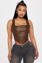 Back Road Washed Faux Leather Corset Top - Brown