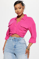 Deja Twist Front Cropped Gauze Shirt - Hot Pink