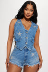 Supernova Embellished Denim Vest - Medium Blue Wash