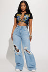 Not A Chance Ripped Non Stretch Wide Leg Jeans - Light Wash