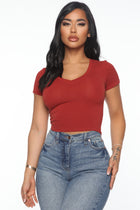 Carly V Neck Crop Tee - Brick Red