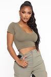 Carly V Neck Crop Tee - Olive