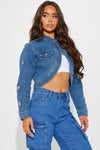 Shooting Star Embellished Denim Bolero Jacket - Medium Wash