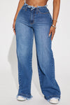 Come And Get It Cut Off Waistband Wide Leg Jean - Medium Wash