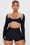 Fitness Babe 3 Piece Bolero Short Set - Black