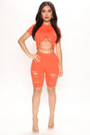 Bianca Distressed Biker Short Set - Orange