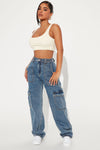 Petite Don't You Worry Wide Leg Cargo Jeans - Medium Blue Wash