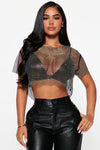 Amanza Rhinestone Mesh Crop Top - Black