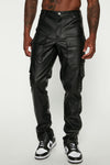 Zip It Faux Leather Slim Cargo Pants - Black