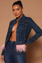 Bianca Feather Trim Denim Jacket - Medium Wash