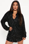 Lumina Sequin Shirt Dress - Black