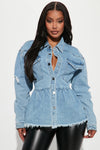 Pretty Peplum Denim Shacket - Light Blue Wash