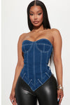 Tensions High Asymmetrical Denim Corset Top - Medium Blue Wash