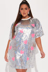 Disco Heart Sequin T Shirt Dress - Silver