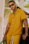 Unwind Cable Knit Short Sleeve Button Up - Mustard