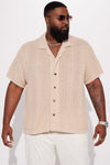 Unwind Cable Knit Short Sleeve Button Up - Oatmeal