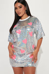 Disco Heart Sequin T Shirt Dress - Silver