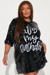 Birthday Queen Sequin Shirt Dress - Black/Silver