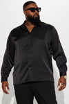 Links Satin Long Sleeve Button Up Shirt - Black