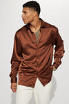 Links Satin Long Sleeve Button Up Shirt - Chocolate