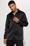 Links Satin Long Sleeve Button Up Shirt - Black