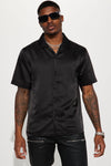 Links Satin Short Sleeve Button Up Shirt - Black