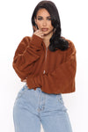 Cozy Girl Zip Front Cropped Cardigan Sweater - Chestnut