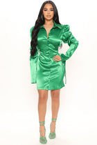 Feelin' Flirtatious Satin Shirt Dress - Green