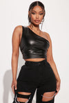 Jordan One Shoulder Faux Leather Top - Black