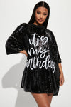 Birthday Queen Sequin Shirt Dress - Black/Silver